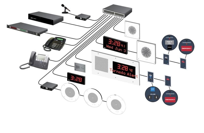 A school hallway with overhead speakers, wall-mounted intercom stations, and synchronized digital clocks